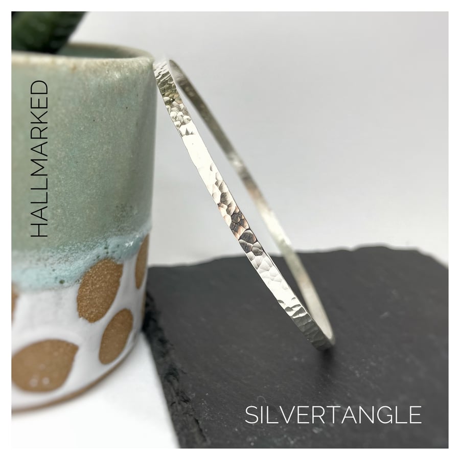Sterling Silver 3mm Wide Hallmarked Hammered Bangle