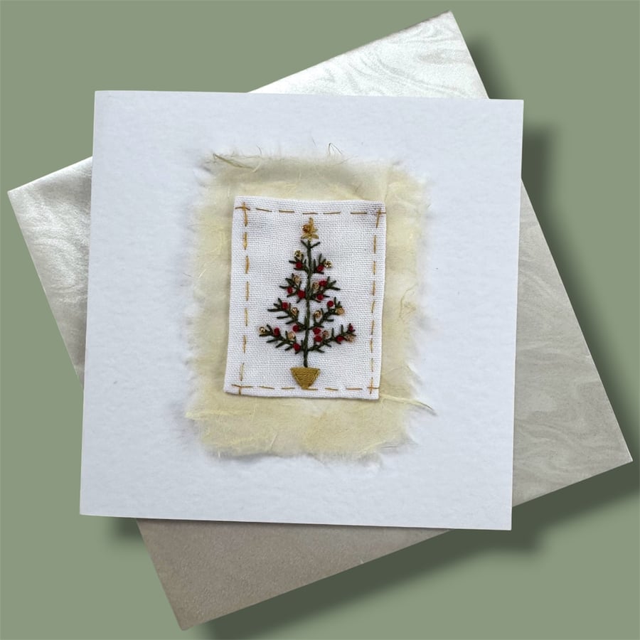 Hand embroidered Christmas card with mini Christmas tree picture. Luxury, unique