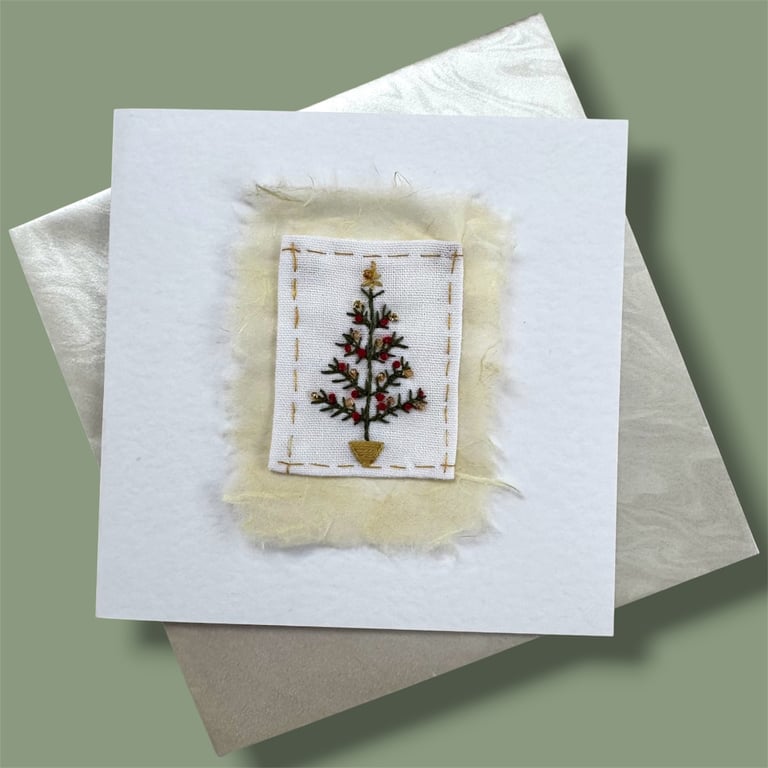 Hand embroidered Christmas card with mini Christmas tree picture. Luxury, unique