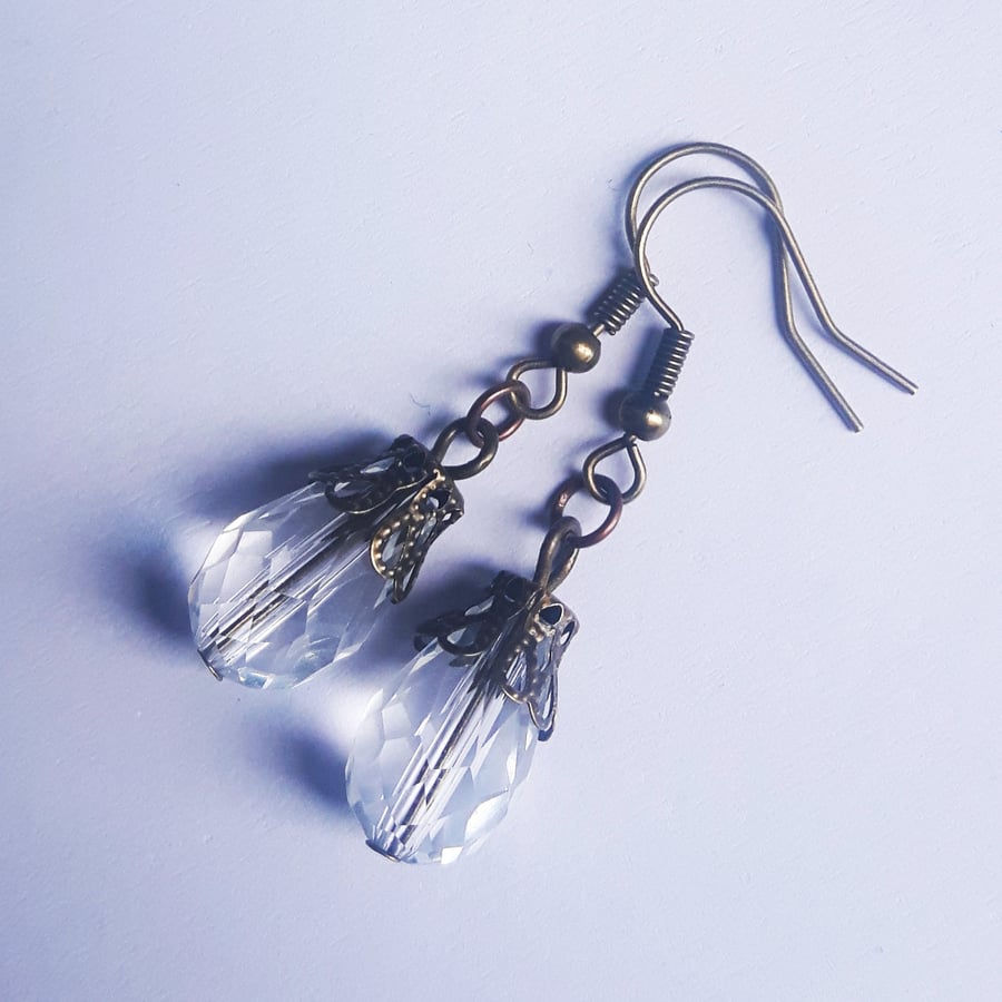 Bronze Clear Crystal Teardrop Earrings