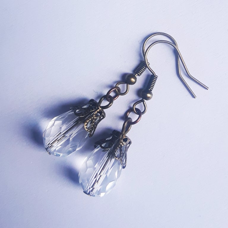 Bronze Clear Crystal Teardrop Earrings