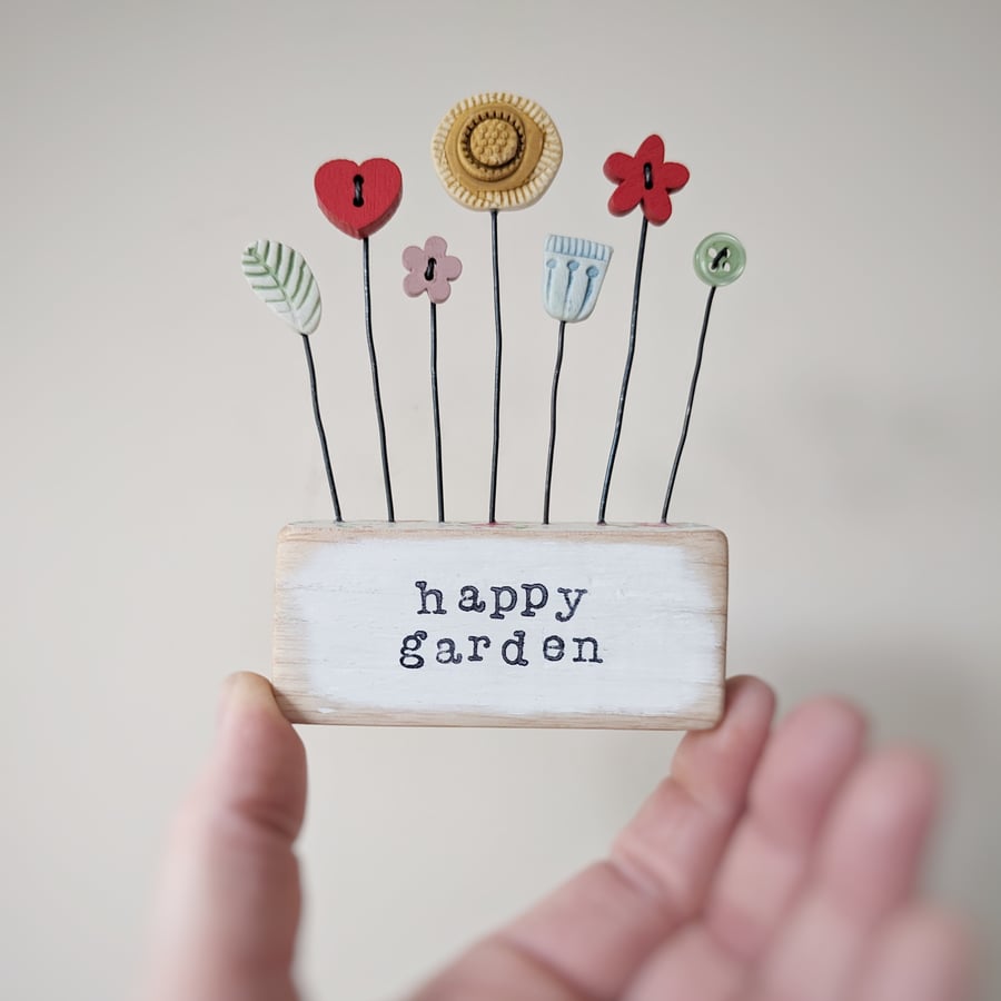 Clay and Button Flower Garden in a Floral Wood Block 'Happy Garden'
