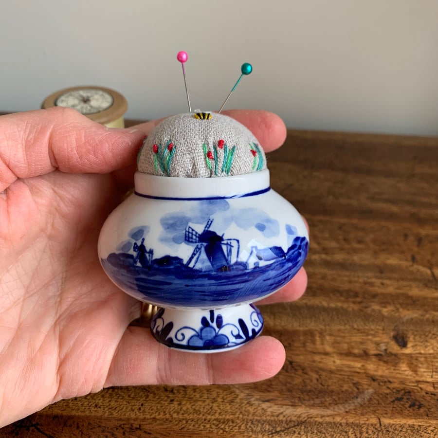 Delft Pottery embroidered pin cushion