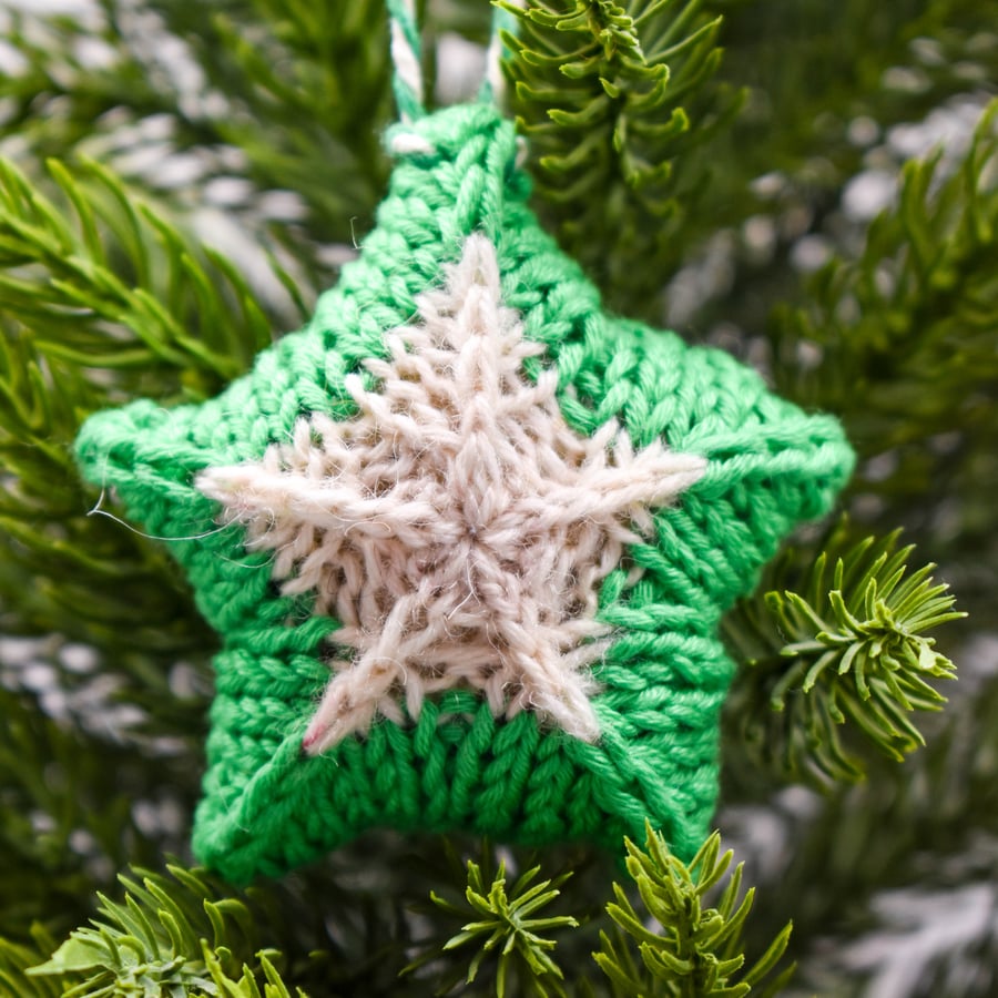 Hand knitted star - Christmas Decorations - Green and White