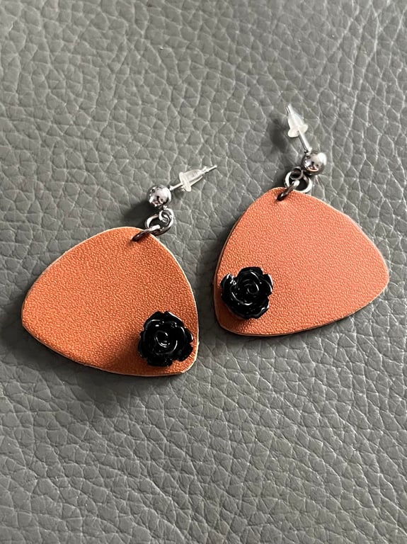 Brown Handcrafted Leather Earrings with Black Roses
