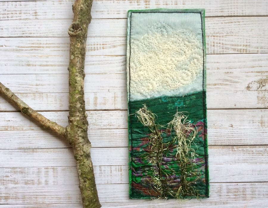 Embroidered up-cycled landscape bookmark. 