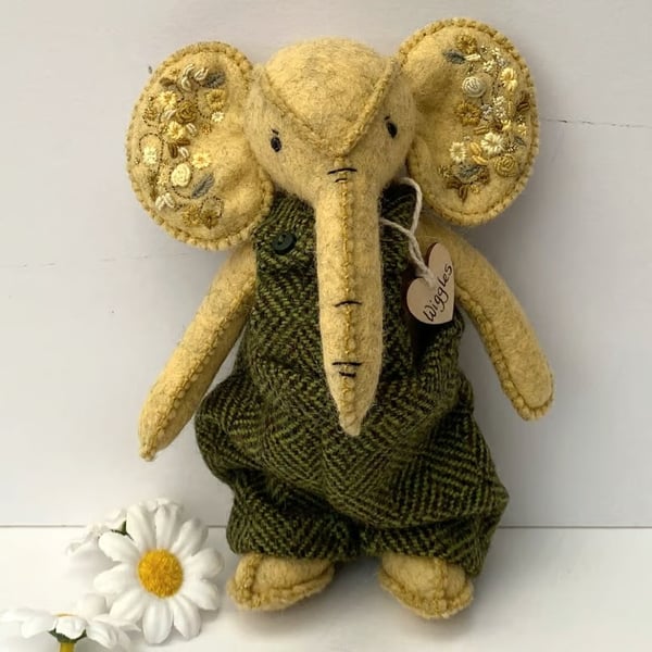 Elephant, hand sewn and dressed embroidered elephant, collectable artist bear