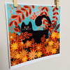 Art print illustration wall art black cat watching the butterfly