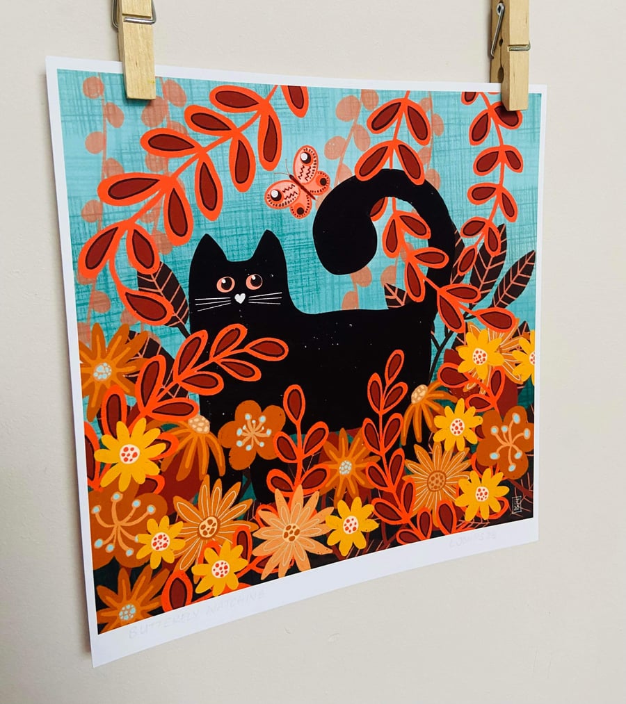 Art print illustration wall art black cat watching the butterfly