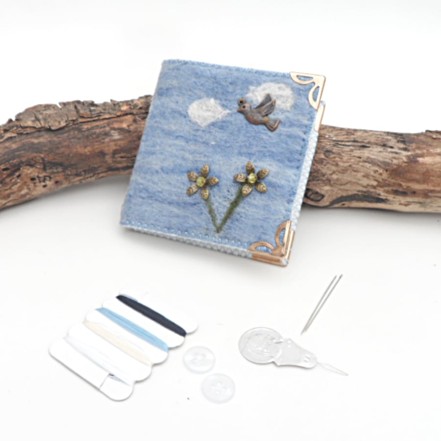 Mending kit, sewing kit, light blue felt needle case with accessories