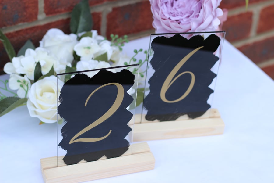 Handpainted Acrylic A6 sign wedding TABLE NUMBERS swirls font restaurant dining