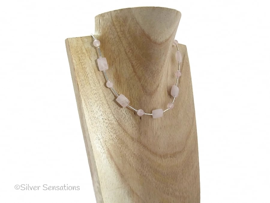 Baby Pink Rose Quartz Faceted Oblongs & Sterling Silver Tubes Necklace For Mum