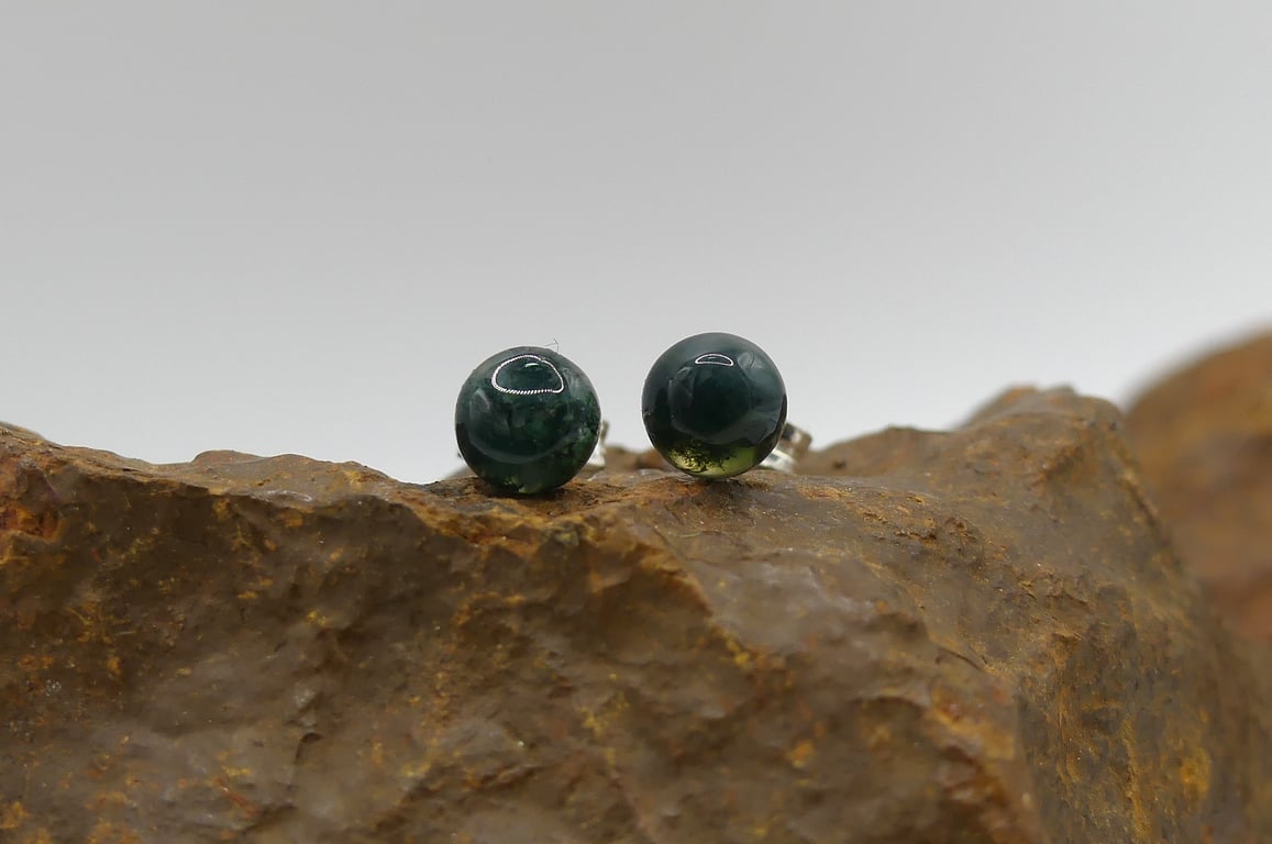 Natural Green Moss Agate 5mm Gemstones, Sterling Silver Stud Earrings.