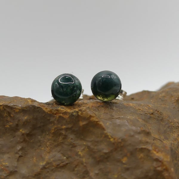 Natural Green Moss Agate 5mm Gemstones, Sterling Silver Stud Earrings.