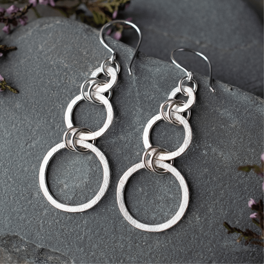 Textured Sterling Silver Open Circle Dangle Earrings 