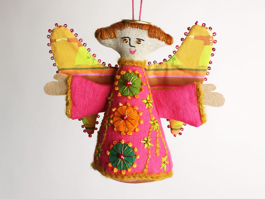 Pink linen hanging angel with folk embroidered dress