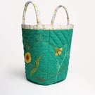 12 inch Emerald green linen project bag with hand embroidered marigold