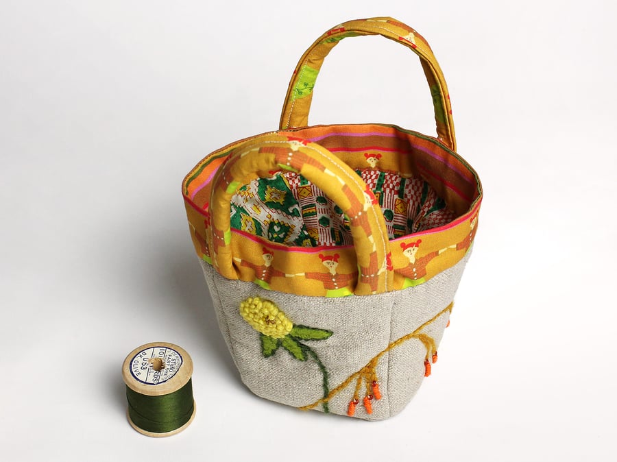 Oatmeal linen tiny project bag with clover and bluebell embroidery