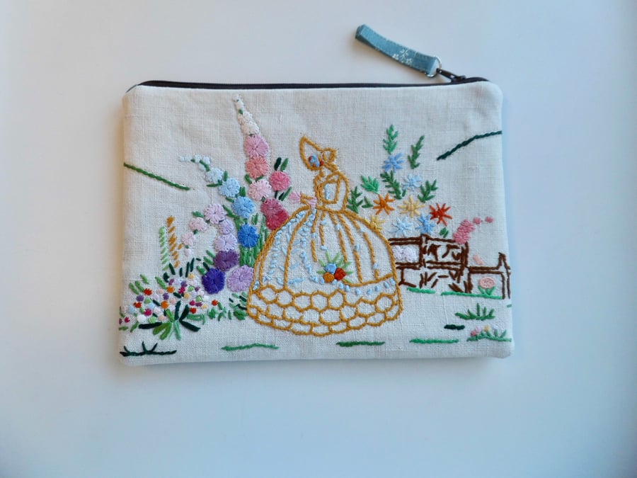 Make up bag zipped in reclaimed cloth crinoline lady with Laura Ashley lining 