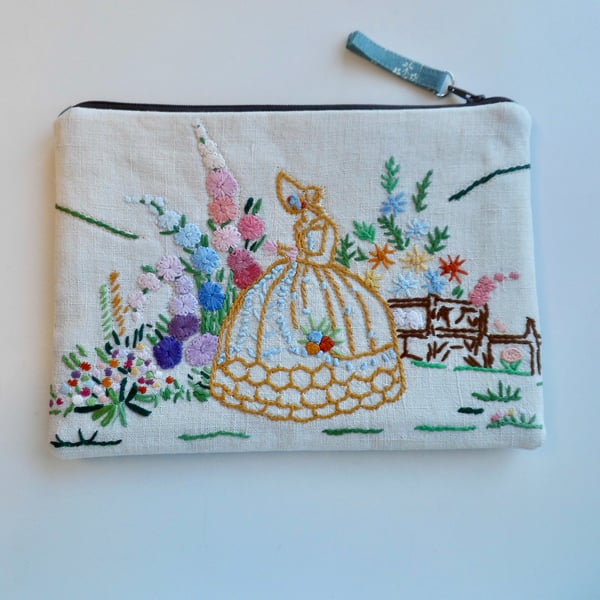 Make up bag zipped in reclaimed cloth crinoline lady with Laura Ashley lining 