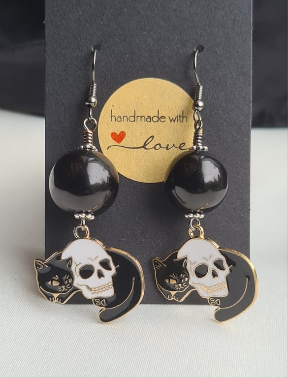 Cat and Skull Charm Earrings - Dark Tones Mixed Metal