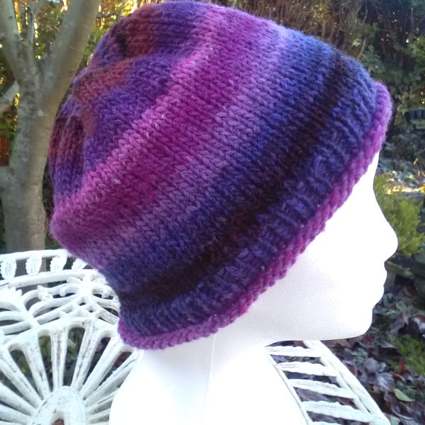 Handknit Noro Beanie Hat 100% Pinks Purples Terracotta