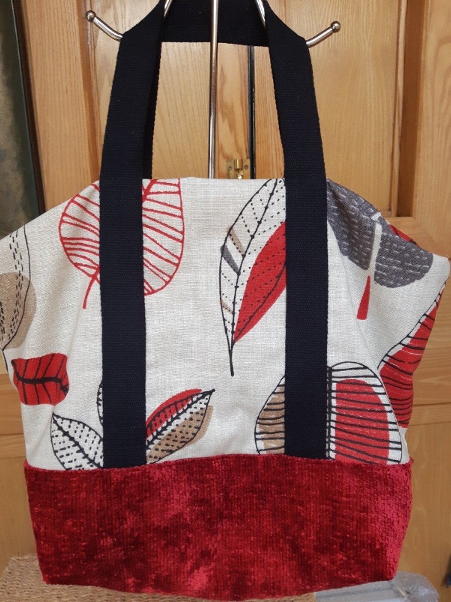 Red velour and vintage print bag