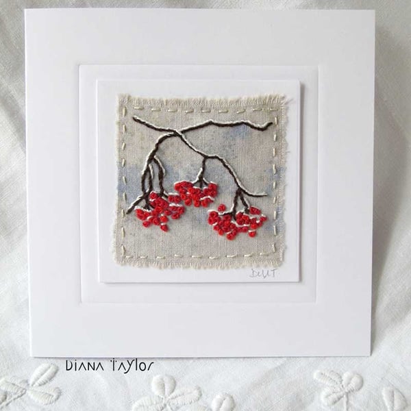 EMBROIDERED WINTER BERRIES CARD CHRISTMAS WINTER