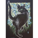 Black Cat with Forget-Me-Not Flowers original artwork, small animal drawing