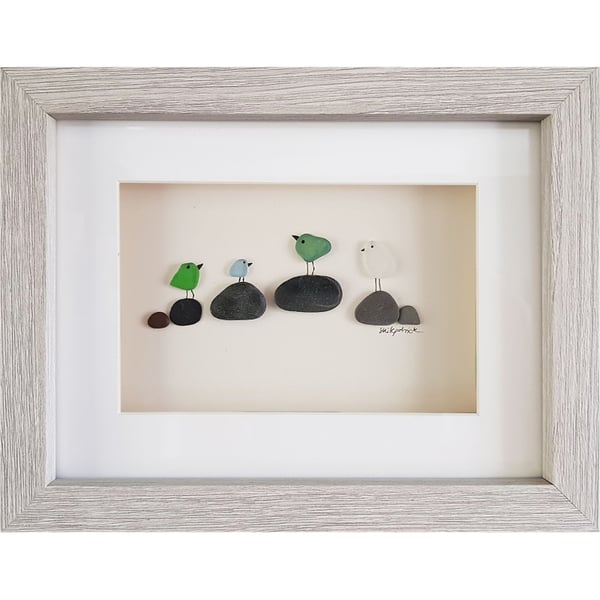 Birds on Rocks - Pebble Picture - Framed Unique Handmade Art