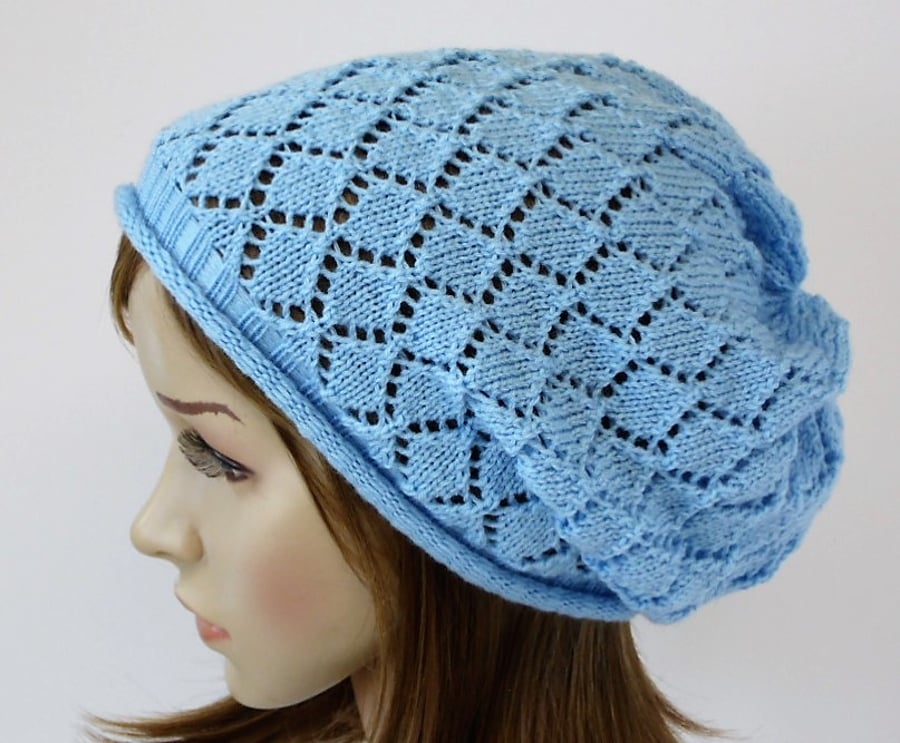 Light blue lace hat for women, lightweight acrylic lace beret, handmade hat