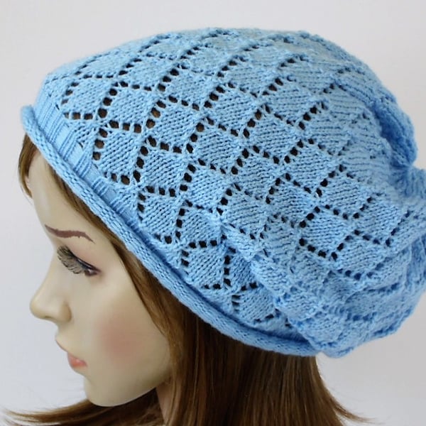 Light blue lace hat for women, lightweight acrylic lace beret, handmade hat