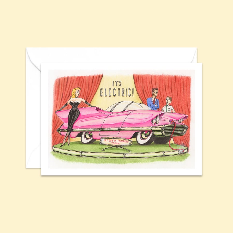 Retro Car Greeting Card: Hand Drawn Cartoon Illustration (327)