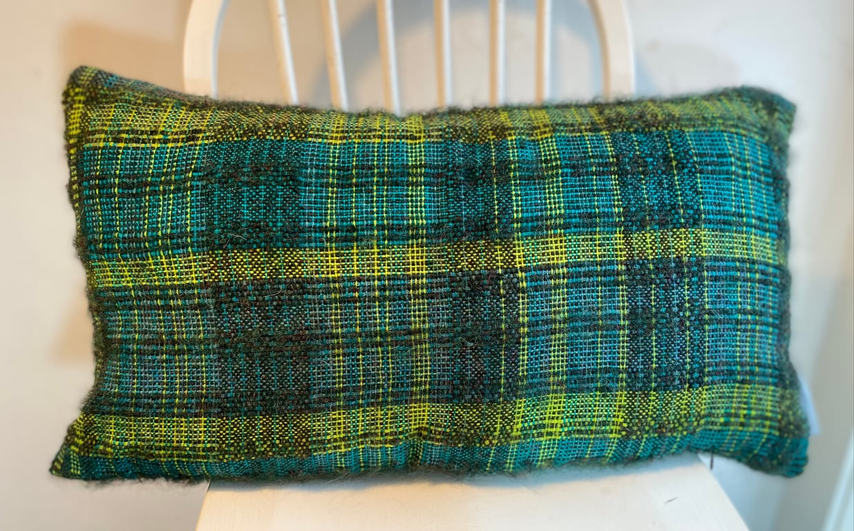  Hand woven boho textured cushion in lush greens designed by  Yvonne Skelton