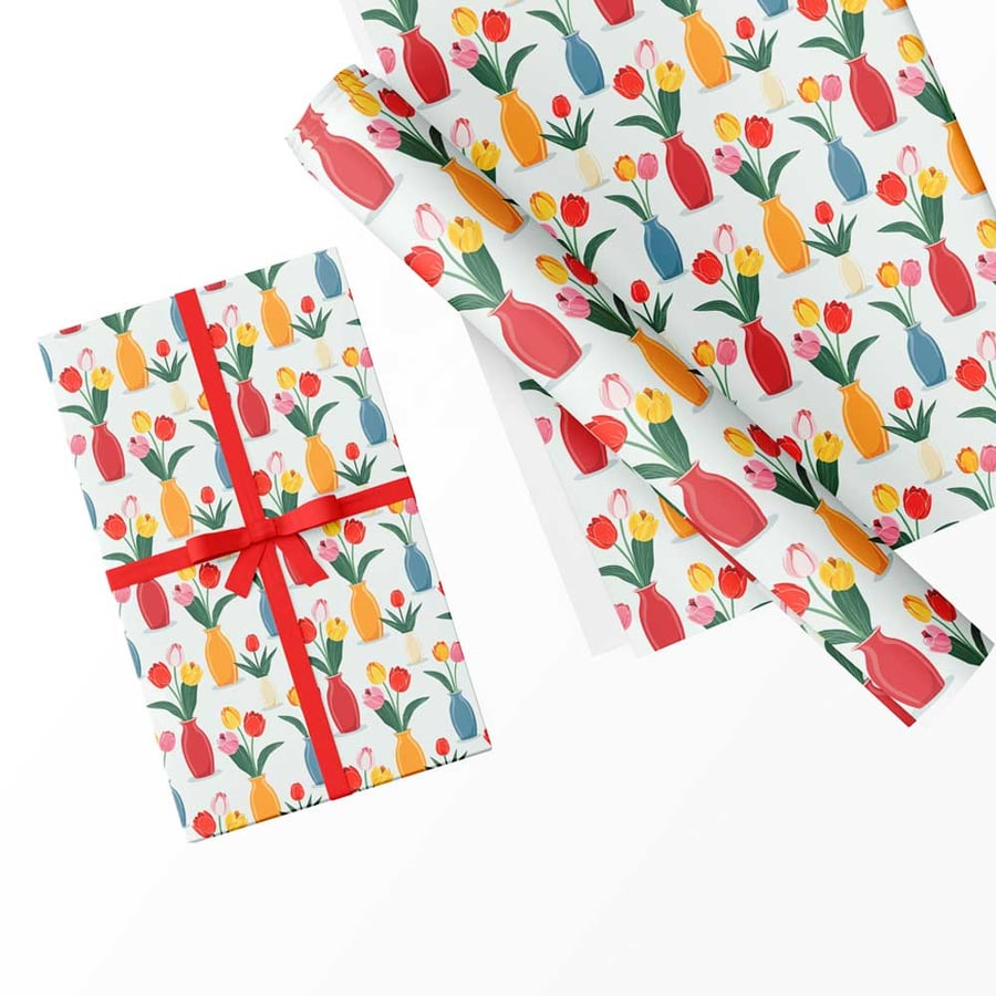 Gift Wrap Vase & Flowers & Matching Gift Tag-Wrapping Paper-LG36