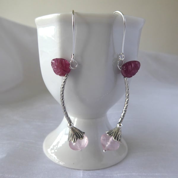 Cherry Blossom Flower Bud Earrings with Tourmaline Leaf, Sterling & Fine Silver