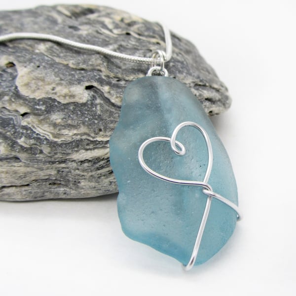Sea Glass Pendant - Pale Blue - Scottish Silver Wire Wrapped Heart Jewellery