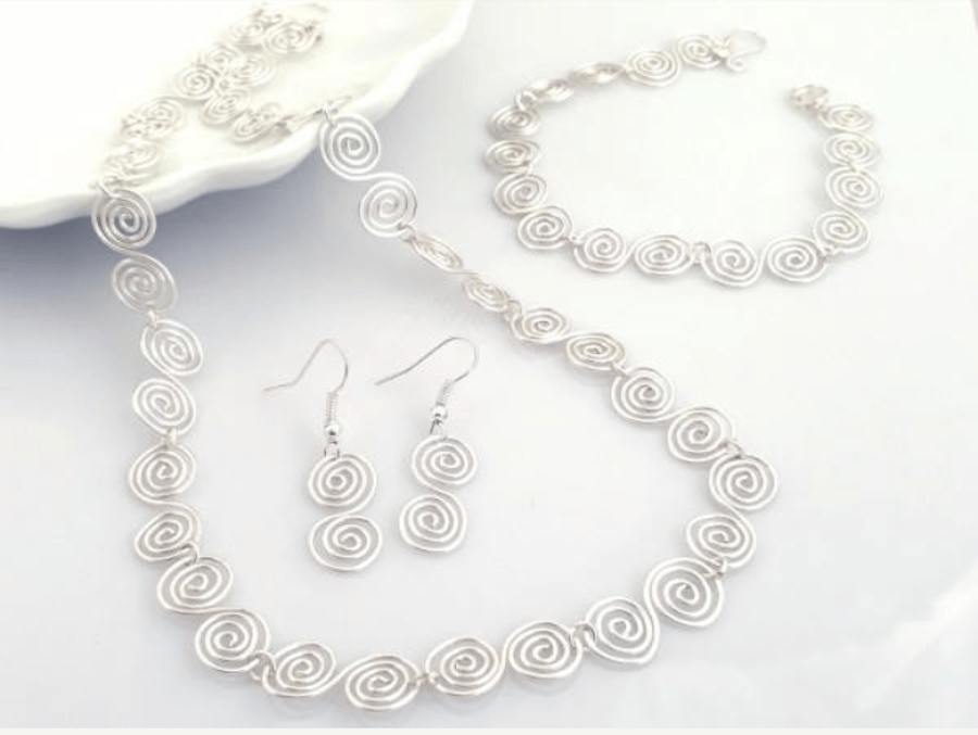 Celtic Silver Spiral Necklace, Bracelet and Earrings Matching Jewellery Set 