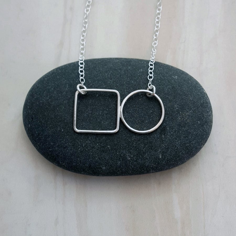 Sterling silver wire circle & square necklace - handmade geometric jewellery 