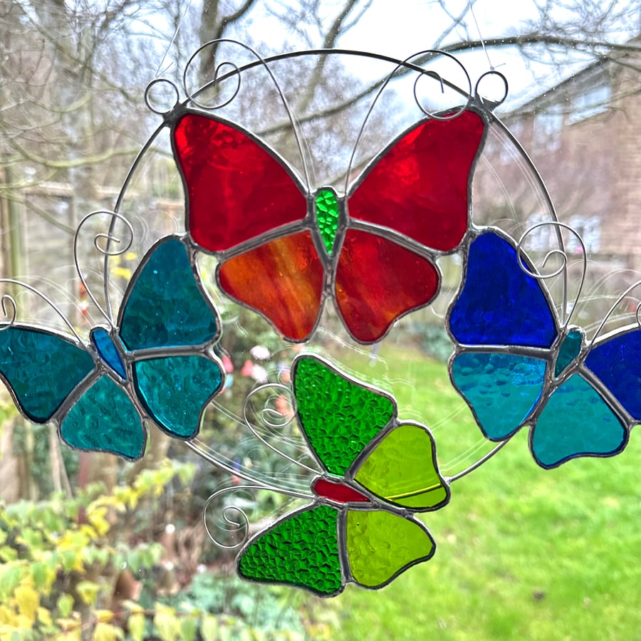 Stained Glass Butterfly Ring - Handmade Hanging Decoration - Multi