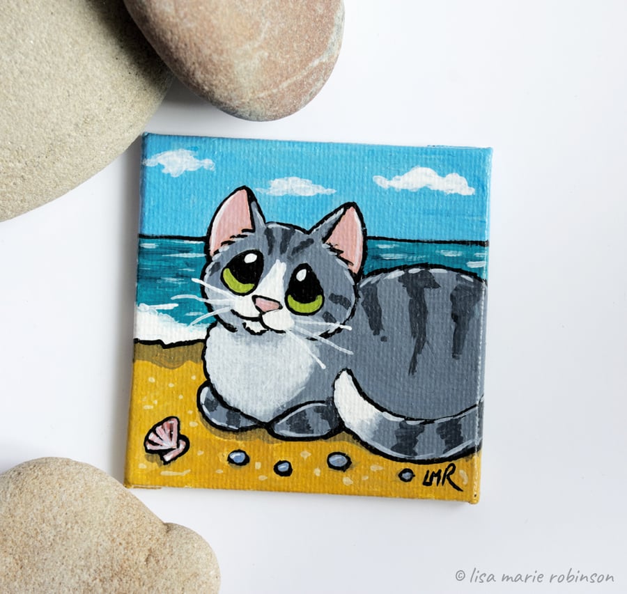 Grey Tabby Cat on the Beach Mini Canvas Magnet