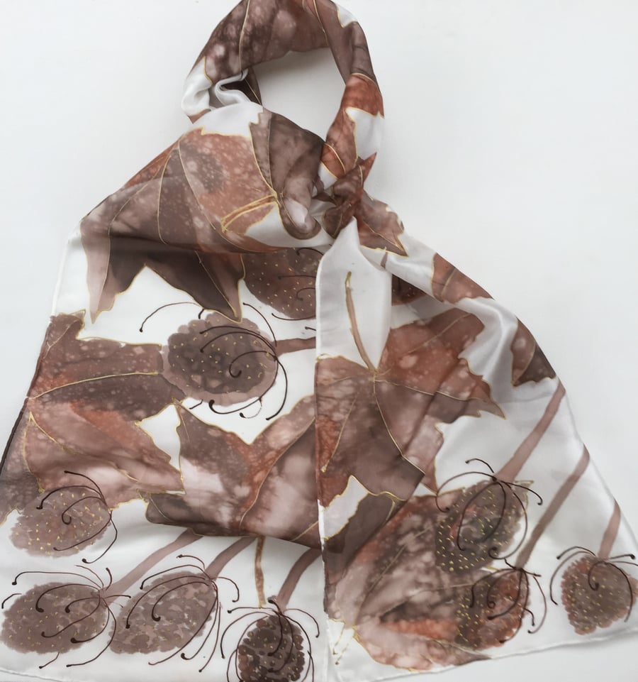 Autumn Leaves and teasels  hand painted silk scarf