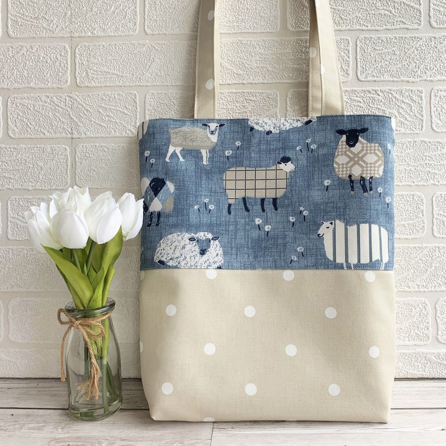 Sheep and polka dot tote bag in cream and blue