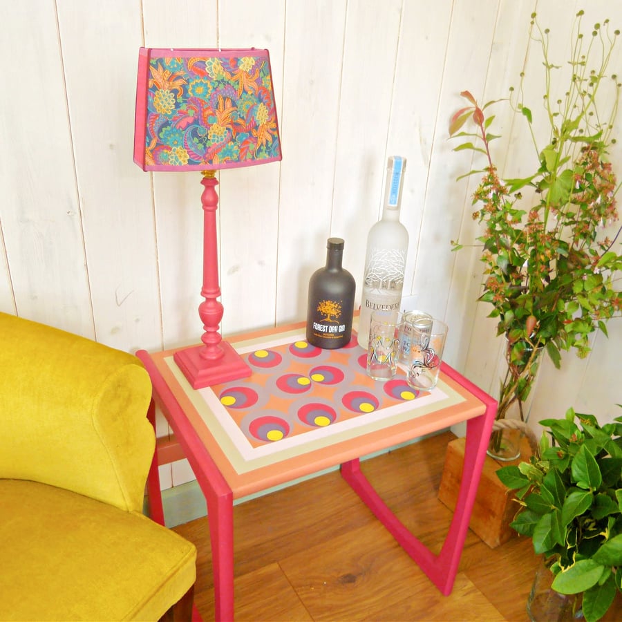 Hand painted boho pink side table with retro design