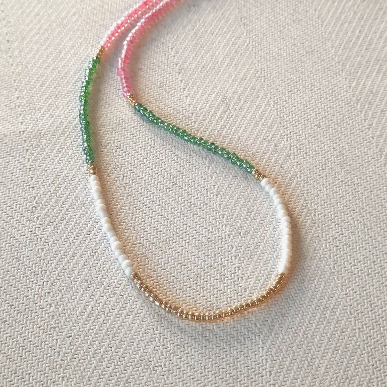 Glass beaded necklace, emerald green, pink, cream, gold, 16 to 18 inches
