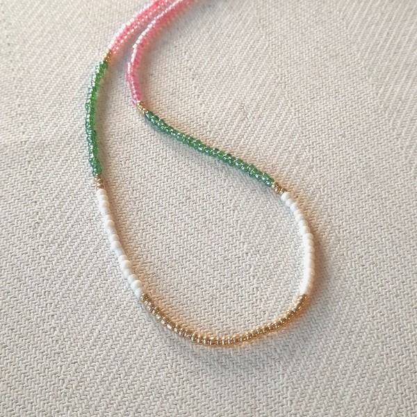 Glass beaded necklace, emerald green, pink, cream, gold, 16 to 18 inches