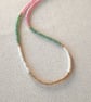Glass beaded necklace, emerald green, pink, cream, gold, 16 to 18 inches
