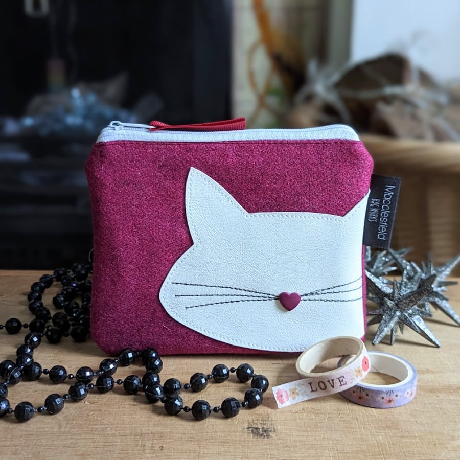 Wool Fabric Cat Motif Purse or Small Makeup bag (Magenta)