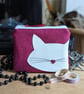 Wool Fabric Cat Motif Purse or Small Makeup bag (Magenta)