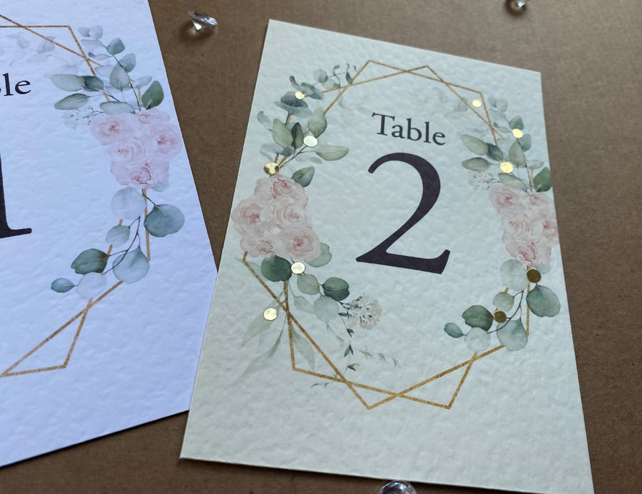 Blush pink roses Eucalyptus geometric frame TABLE NUMBERS foliage rustic A6 card